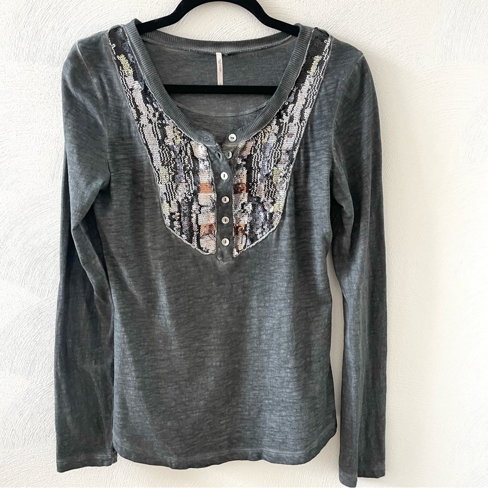 Free People Tiger Eyes Sequined Henley Top